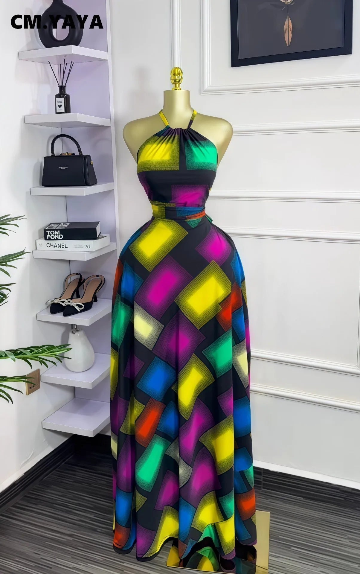 CM.YAYA Women Printed Halter Sleeveless Tank Maxi Long Dress 2025 Summer Beach Birthday Sexy Vacation Party Evening Dresses