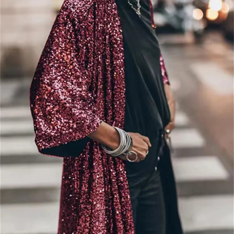 Fashion Sequins Jacket for Women Fall Winter Oversized Casual Party Coats Ladies Chic Long Sleeve Y2k Coats D
