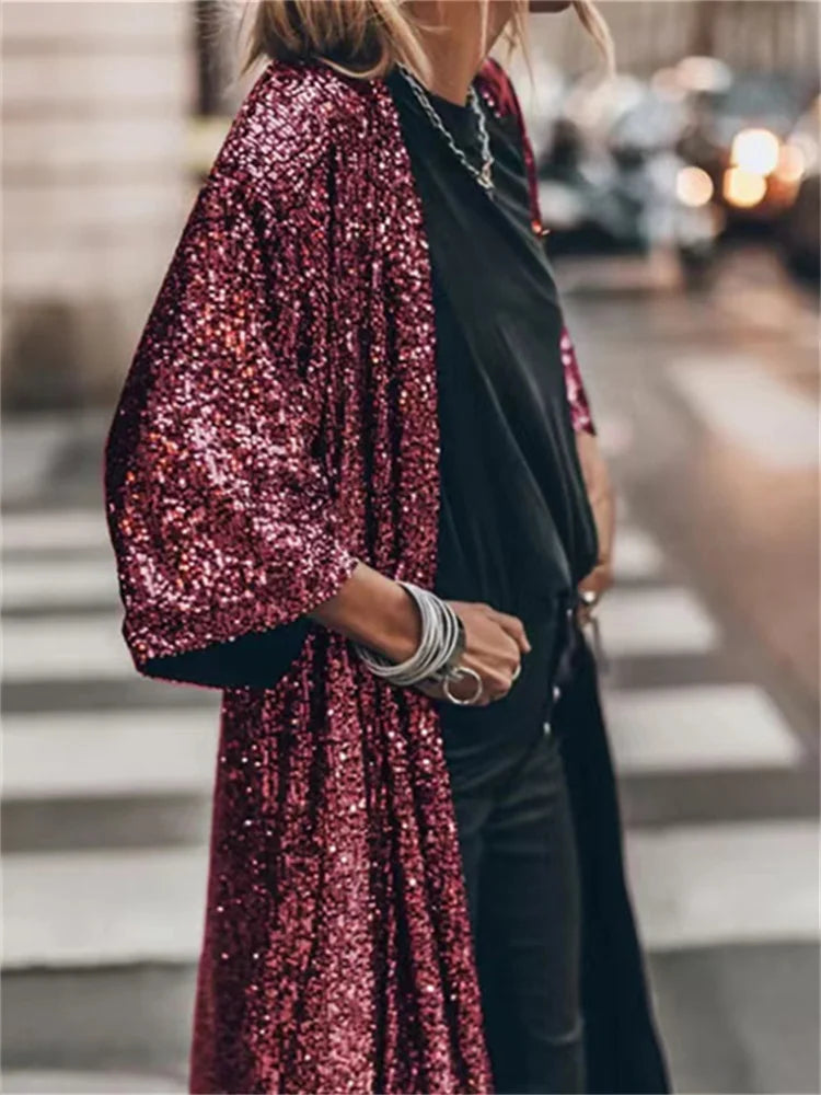 Fashion Sequins Jacket for Women Fall Winter Oversized Casual Party Coats Ladies Chic Long Sleeve Y2k Coats D