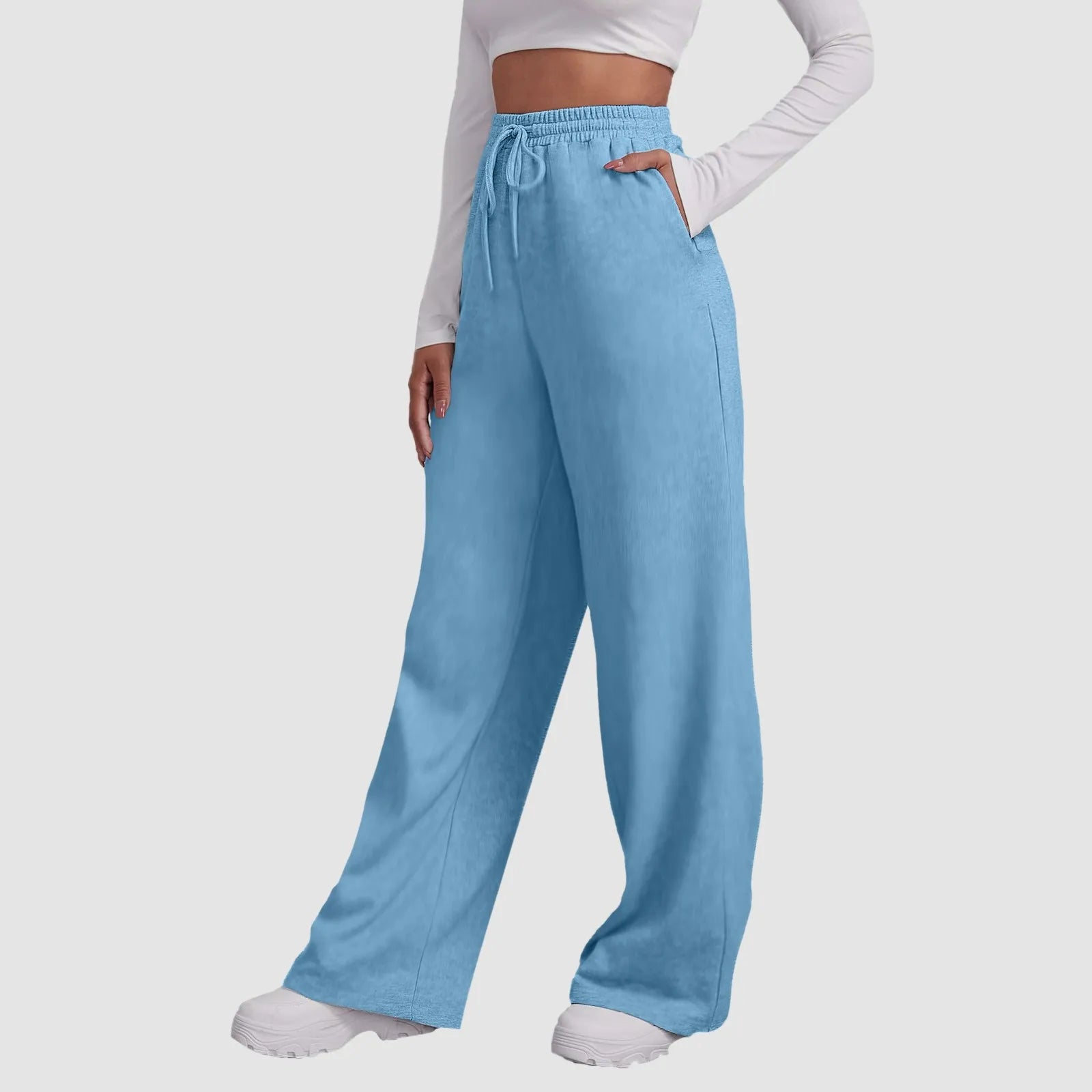 Wide Leg Pants For Women’S Fleece Lined Sweatpants Straight Pants Bottom All-Math Plain Fitness Joggers Travel Basic Pants Light Blue-C CN