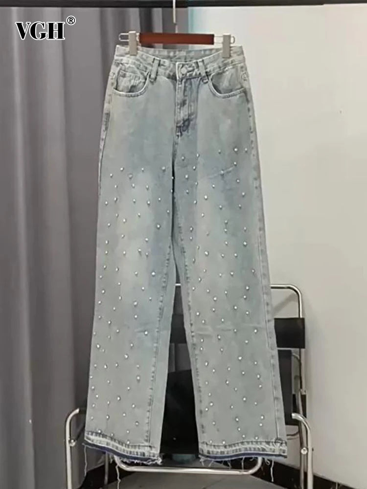 Patchwork Diamonds Casual Denim Trousers For Women High Waist Spliced Button Solid Loose Straight Jeans Female Fashion