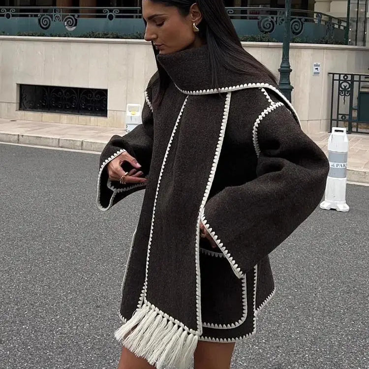 Fashion Embroidery Coat With Scarf For Women Long Sleeve Pockets Jacket Female Autumn Single Breasted Loose Lady Streetwear