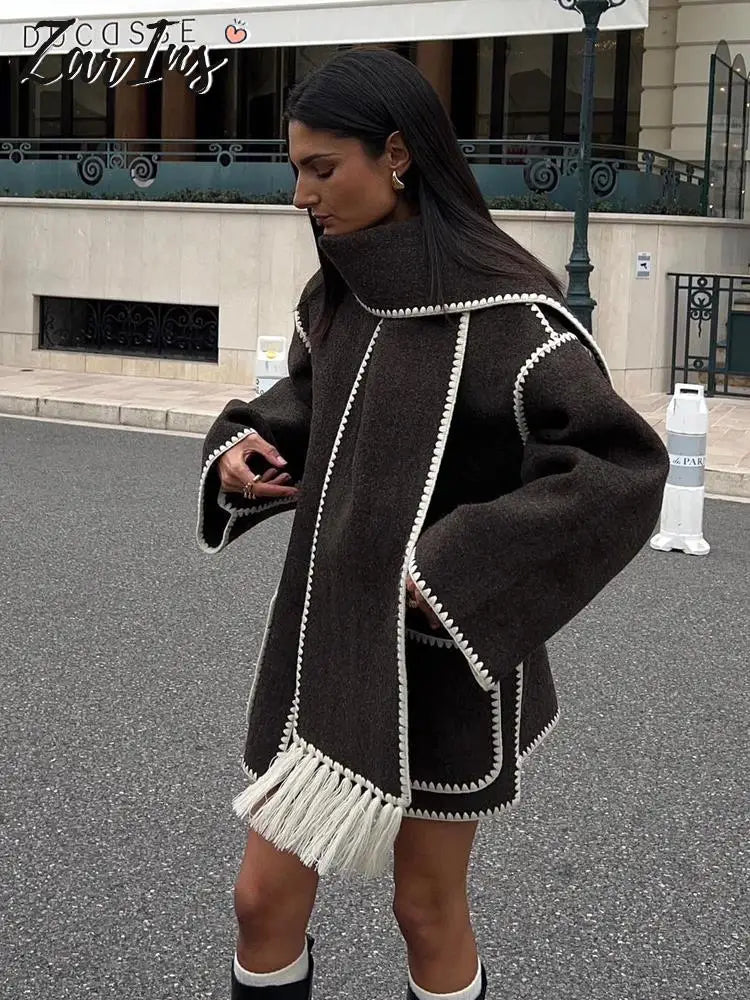 Fashion Embroidery Coat With Scarf For Women Long Sleeve Pockets Jacket Female Autumn Single Breasted Loose Lady Streetwear