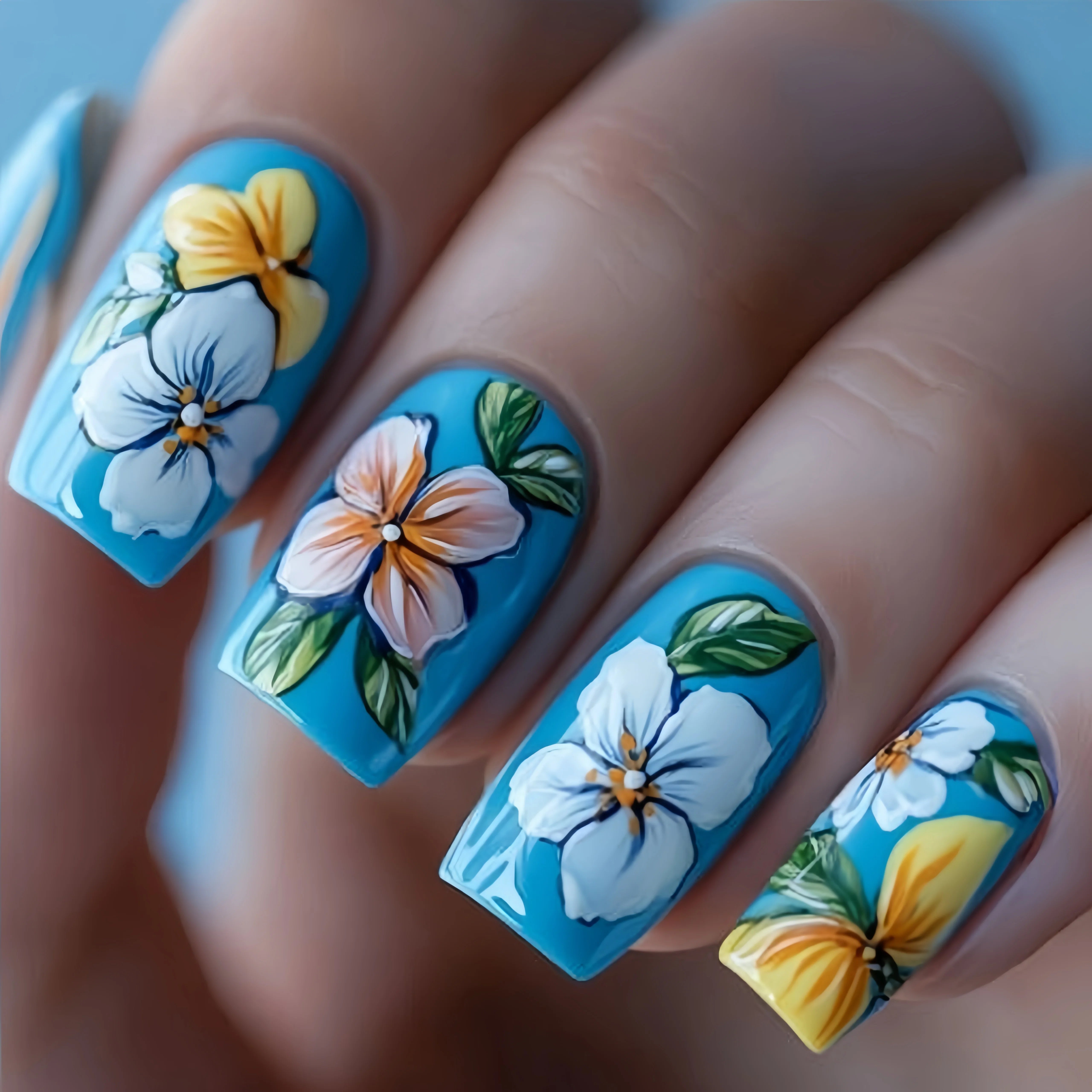 Medium and long square-shaped European manicure, fashionable manicure for New Year and spring and summer, purple gradient flower