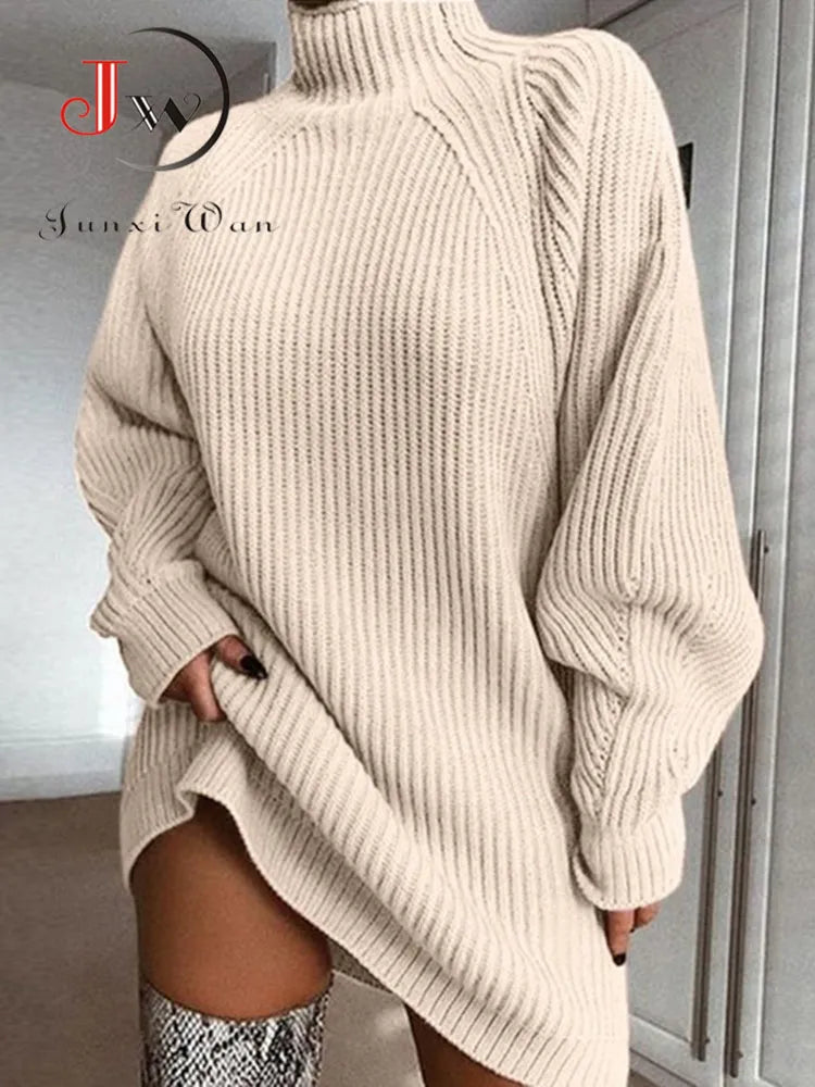 Vrouwen Turtleneck Oversized gebreide jurk Autumn Solid Long Sleeve Casual Elegant Mini Sweater Jurk Winterkleding