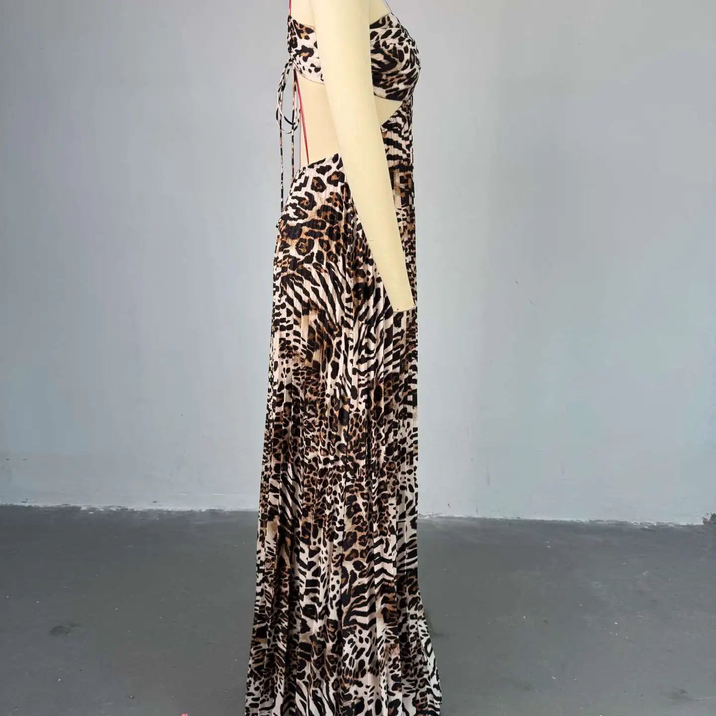 CM.YAYA Elegant Women  Leopard Print Sleeveless Strapless Floor-Length Long Dress 2025 Beach Party Birthday Sexy Pleated Dresses