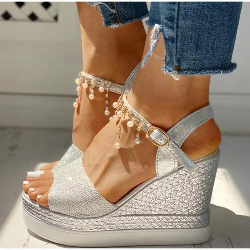 Women Wedge Sandals Summer Bead Studded Detail Platform Sandals Buckle Strap Peep Toe Thick Bottom Casual Shoes Ladies