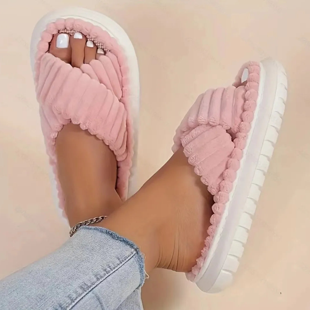Autumn Winter Women Home Slippers Open-Toe Cross Band Linen Soled Indoor Slides Linen Soled Non-Slip Bathroom Slippers pink