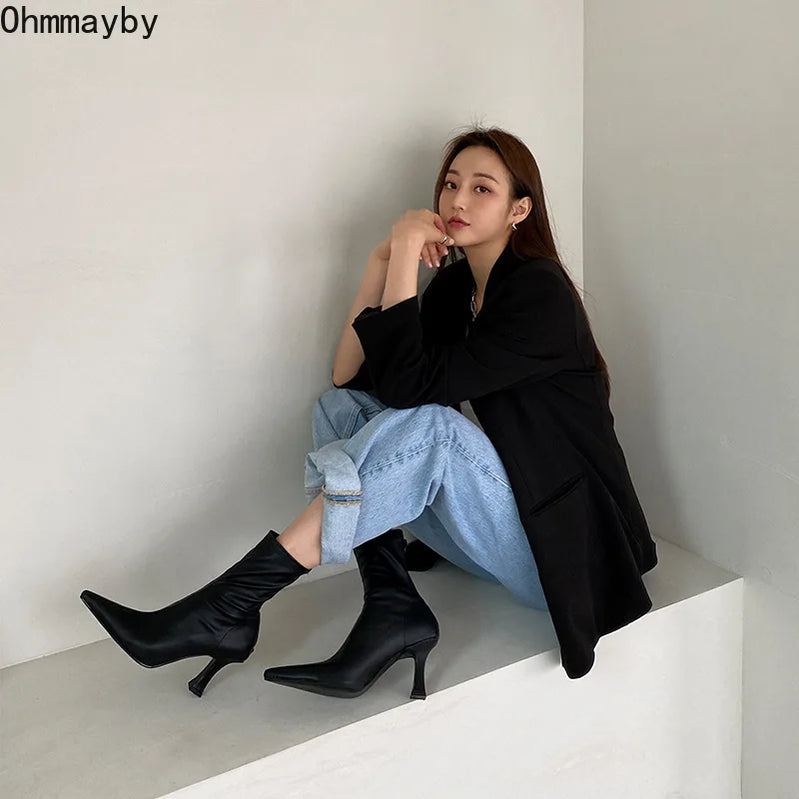 Black Women Ankle Boots Woman Thin High Heel Fashion Pointed Toe Zipper Winter Women's Shoes Leather White Short Booties