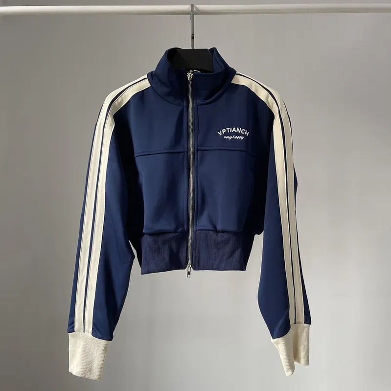 [YOZOU] Spring Double Zipper Baseball Cropped Jacket Women Outerwear Embroidered Striped Green Black White Blue Zip Up Coat Navy Blue