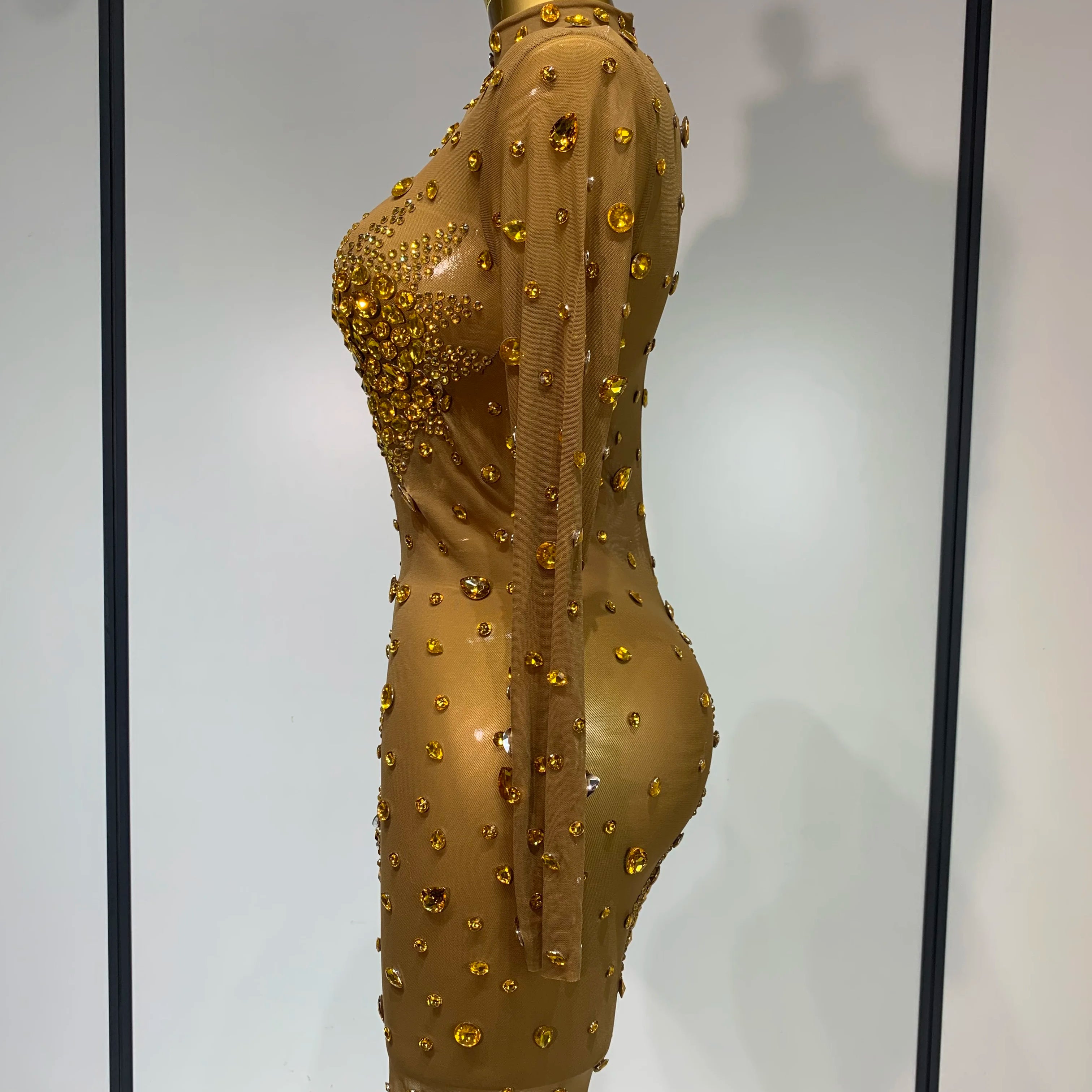 Women Sexy Gold Rhinestones Sparkly See Through Mini Dress Evening Party Fashion Performance Stage Outfit Luxury Birthday Dress