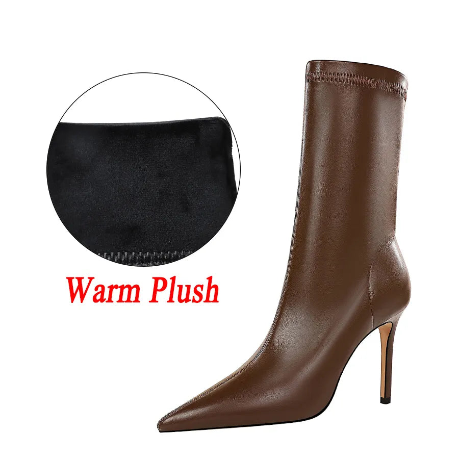 Women 7.5cm 10cm High Heels Leather Boots Lady Low Heels Short Ankle Boots Stripper Winter Warm Snow Plush Pointed Toe Shoes Brown-Plush-10cm
