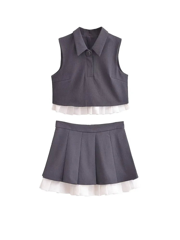 BlingBlingee Summer Women Sleeveless Shirt Mini Skirt Suits Traf Pleated Patchwork Slim Female Crop Top Tanks Sets Y2K Grey Two Piece Sets