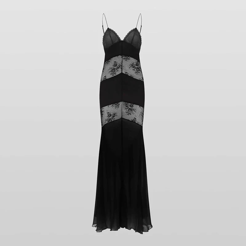 Lace See Through Sling Maxi Dress Women Sexy Slim Black Backless Sleeveless Long Dresses Female Summer Chic Party Evening Robes