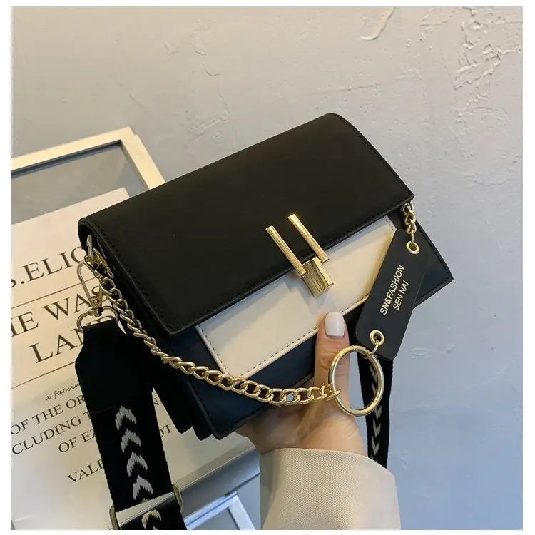 PU Small Bag Women's Wide Shoulder Strap Chain One-Shoulder Crossbody Bag Black