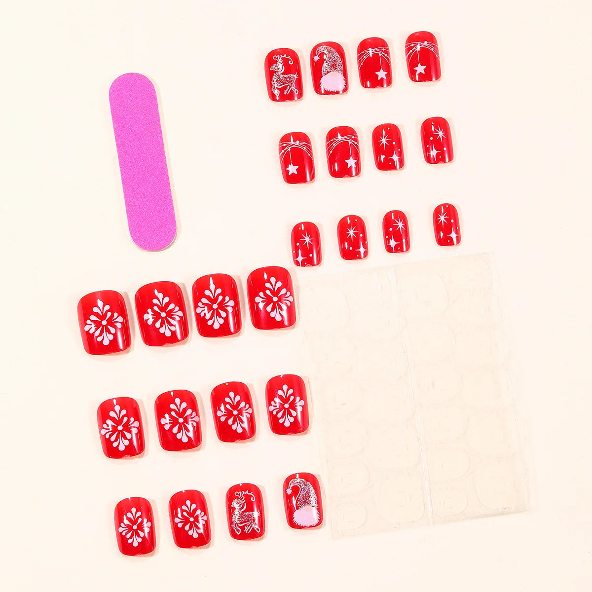 Red Short Square Fake Nails for Women Christmas Party Full Cover Press On Nails Santas/Snowflake/Deer Printed Stick-on Nails Art