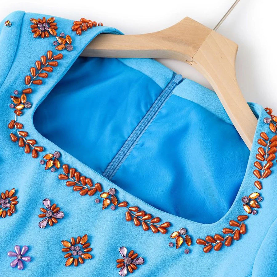 TWOTWINSTYLE Solid Slimming Spliced Bead Luxurious Dresses for Women Square Neck Long Sleeves Temperament Dress Female Clothing