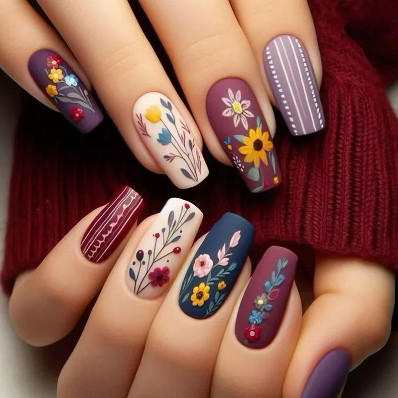 24pcs/set short medium fake nails beautiful flowers design fall winter square ballet acrylic tips press on false nail art supply