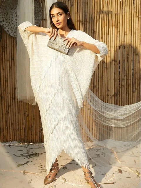 Miyake Tassel Pleated Batwing Sleeve Dress Women Spring Autumn New V-neck Casual Loose Solid Color Evening Dresses Female Ivory One Size