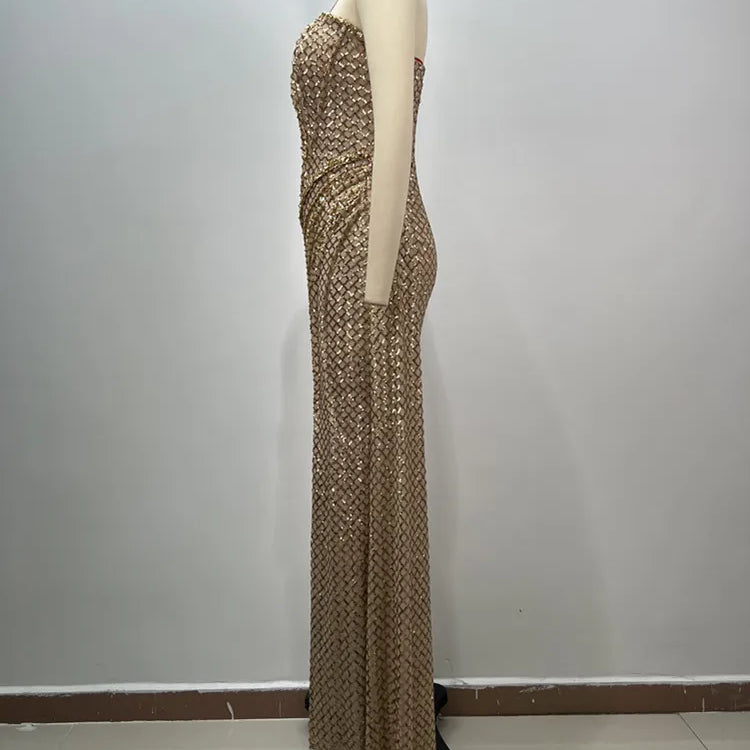 Women Celebrity Sexy Strapless Sequins Gold Crystal Split Maxi Long Gowns Dress 2024 Elegant Evening Party Club Vestido