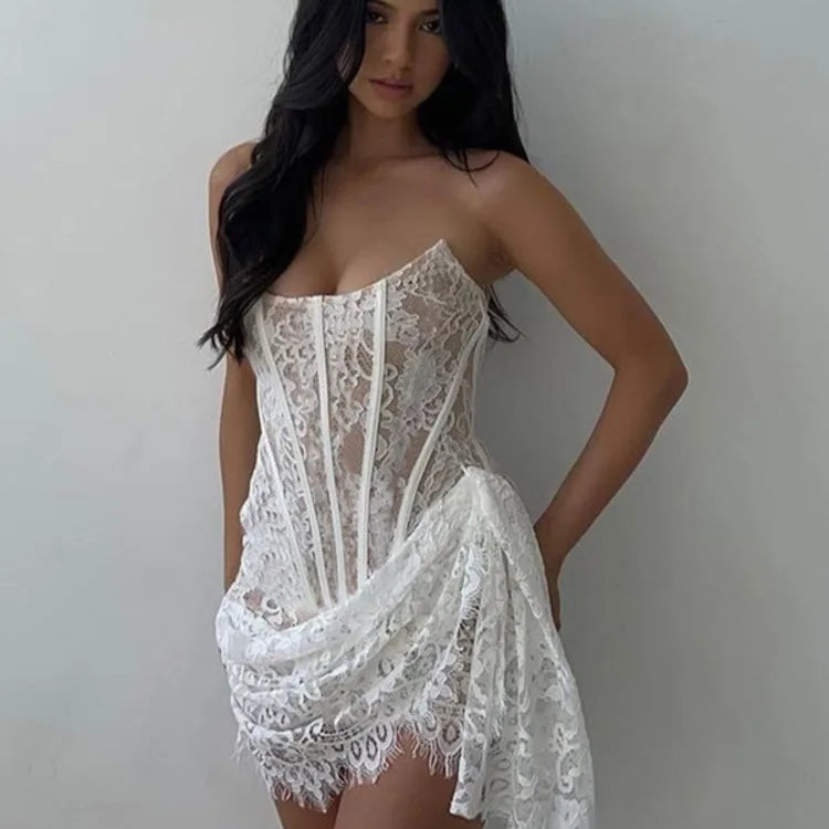 Lace Strapless Ruched Sexy Mini Dress For Women Fashion Fishbone Off-shoulder Sleeveless Backless Club Party Dress