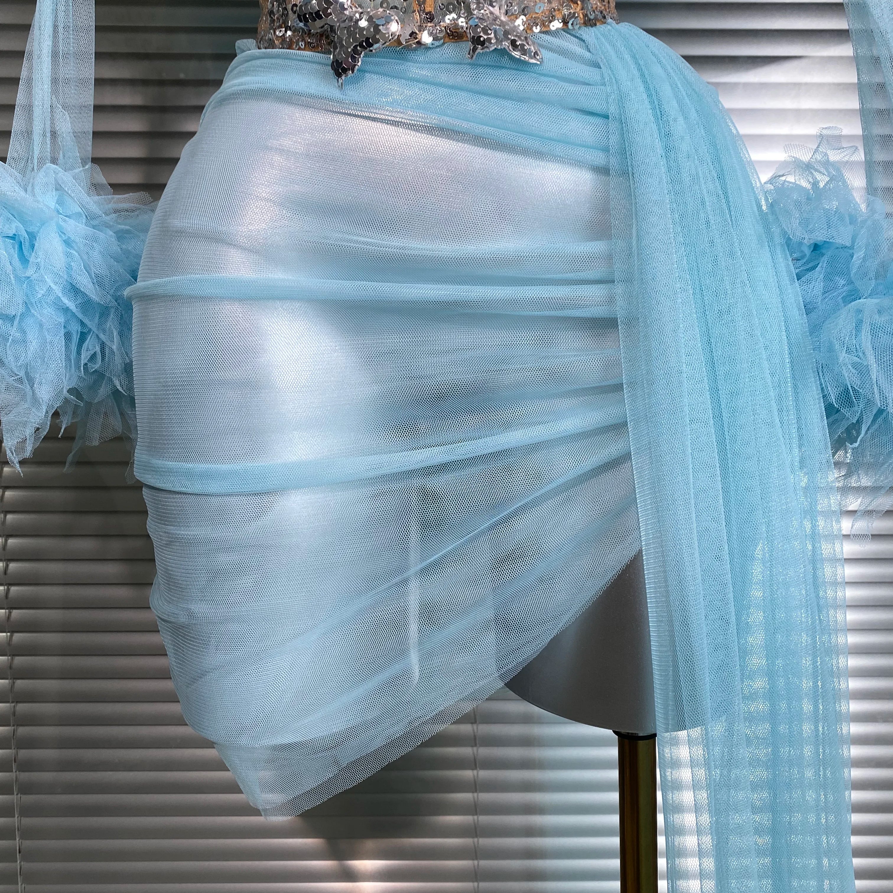 Summer New 2025 Sexy Two Pieces Set Women Celebrity Sky Blue Mesh Night Club Sheer Skirt Suits Stage Performance Costume