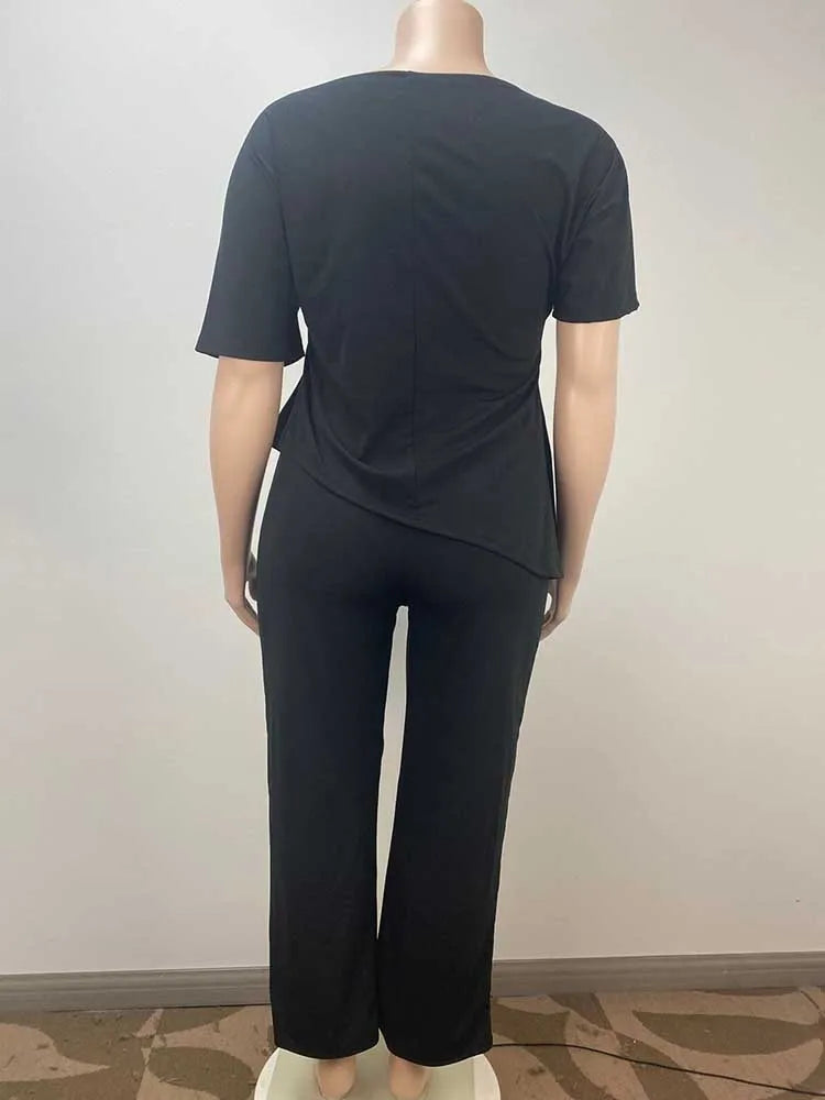 Plus Size Woman Clothing Summer Suit with Pants Casual Loose 2 Piece Sets Trousers and Top Solid Color Wholesale Dropshipping