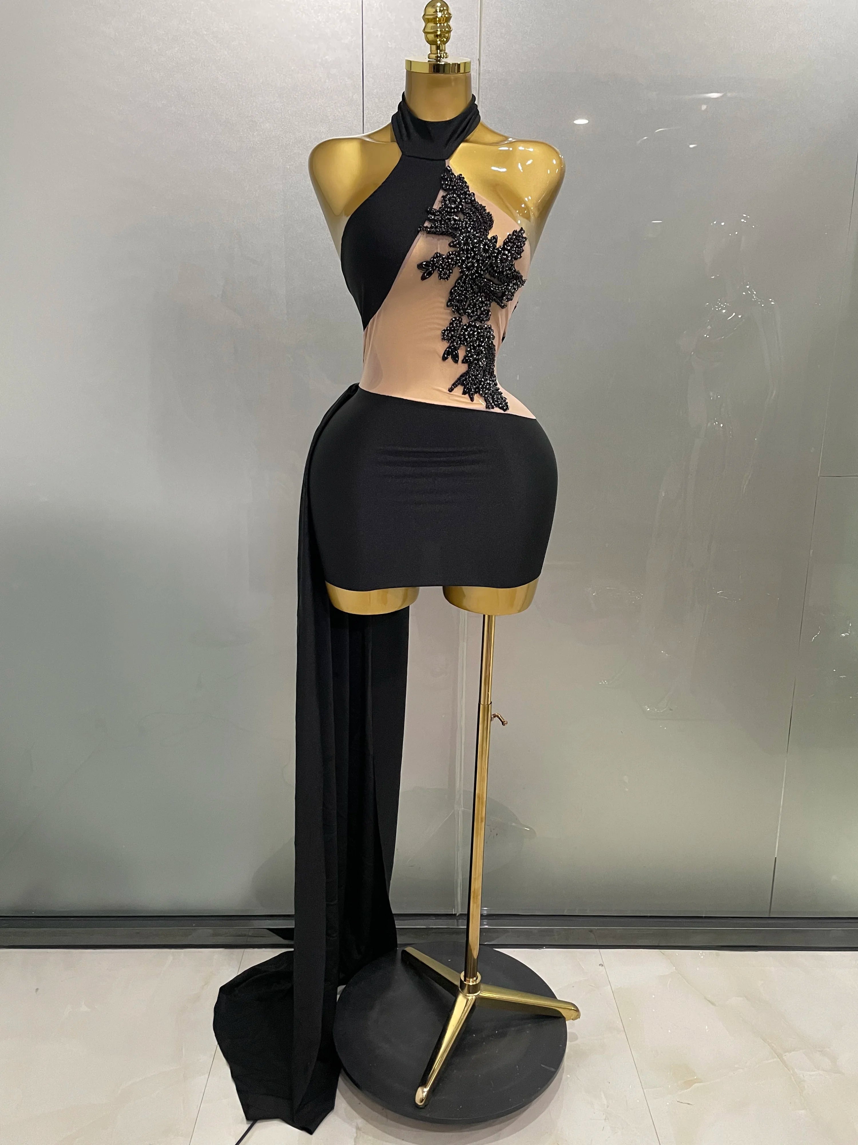 Sexy Sparkly Beaded Mesh See-Through Backless Cocktail Short Dress 2025Women Evening Prom Celebrate Birthday Party Stage Costume