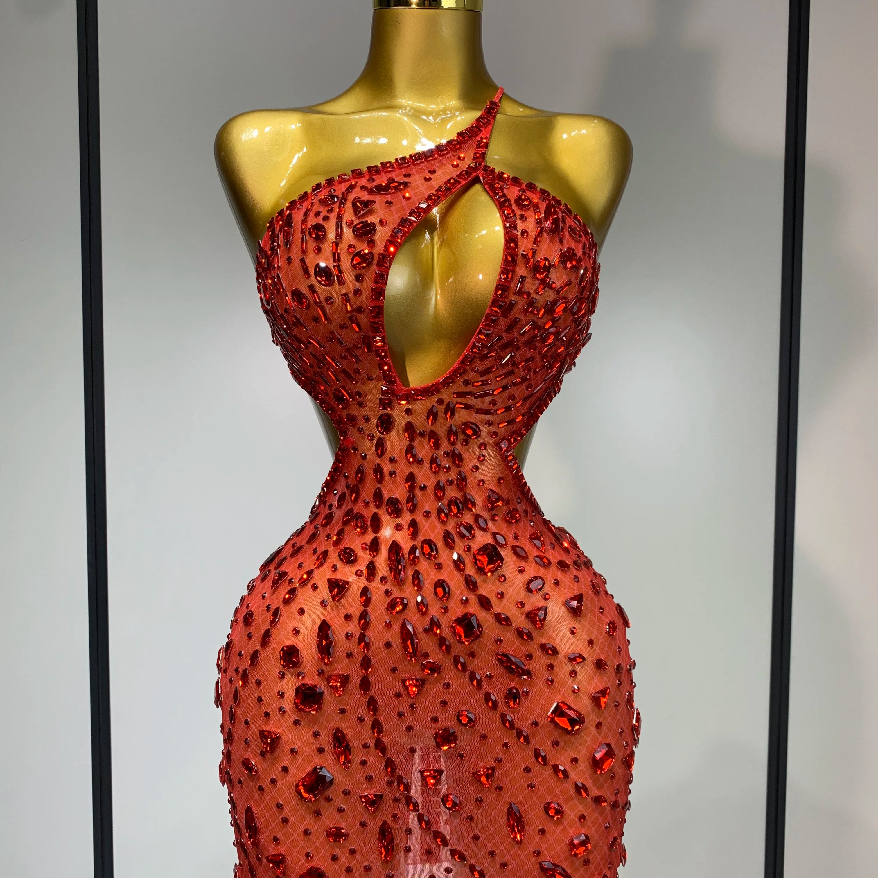 Sparkly Rhinestones Backless Mini Dress Women Sexy Mesh Transparent Celebrate Evening Birthday Dress Photo Shoot Stage Wear