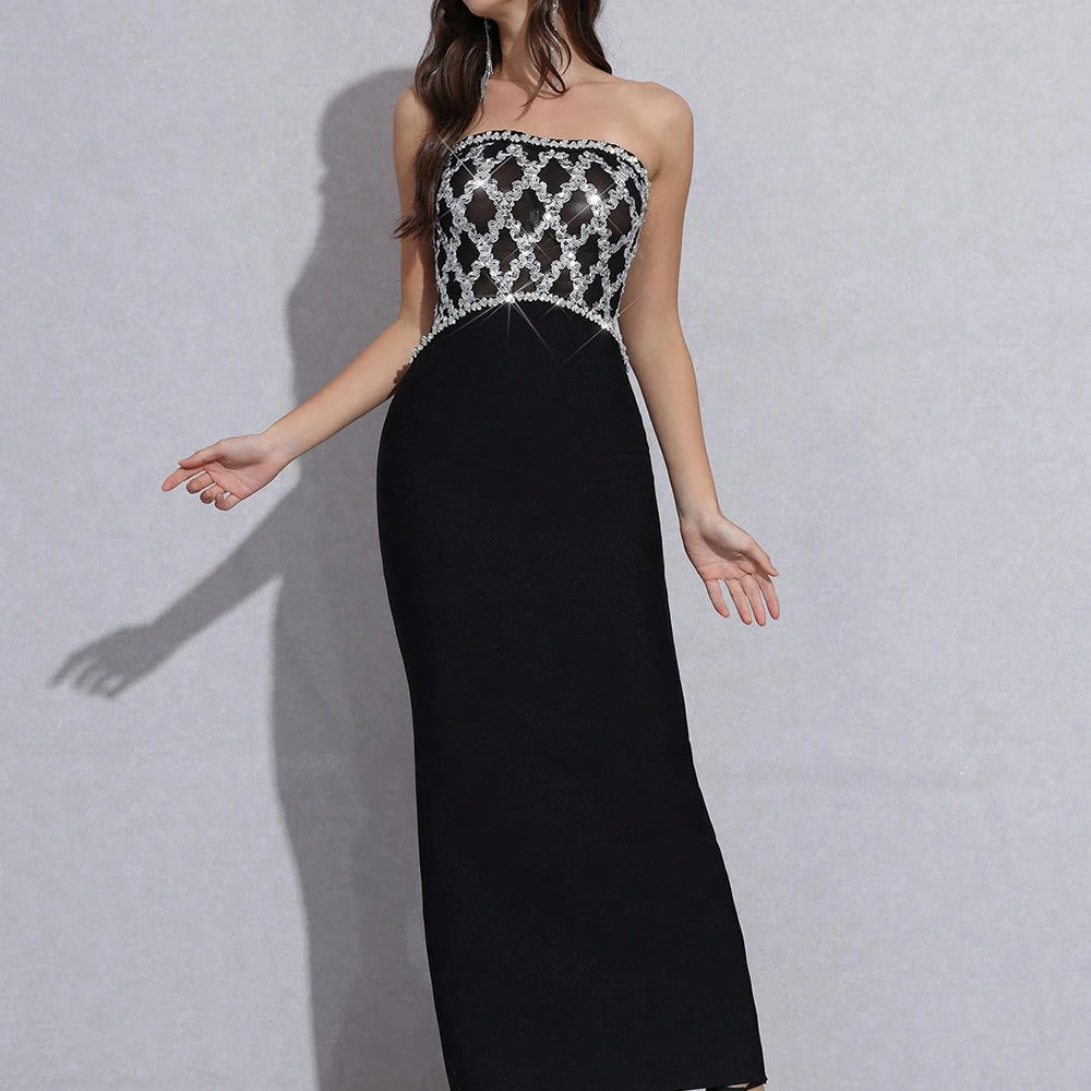 High Quality Sexy Strapless Diamond Sequin mesh Patchwork Bodycon Bandage Long Dress Women Fashion Celebrate Evening Party Gowns