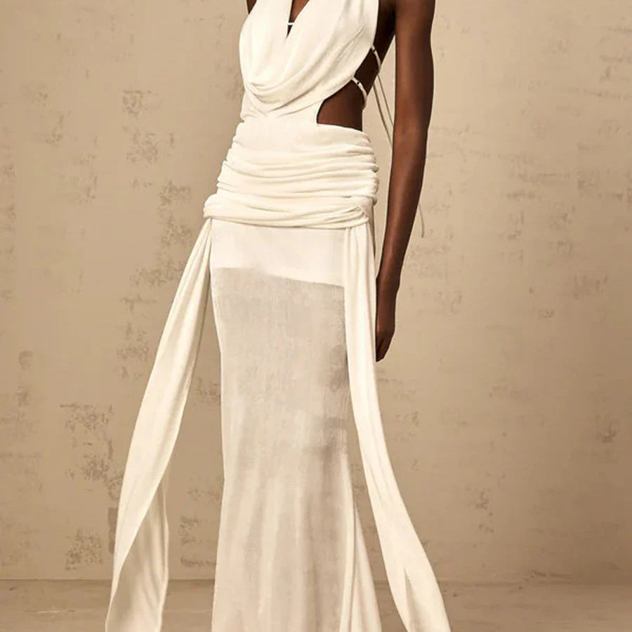 Solid Slimming Spliced Hollow Out Dresses for Women Halter Neck Sleeveless Patchwork Sheer Midi Dress Female New