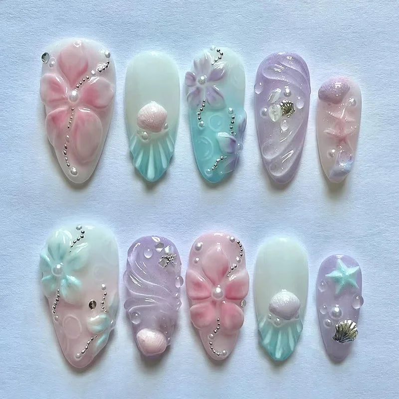 24pcs Butterfly Press on Nail Tips Wearable Flower Green Short Almond Fake Nails Sets Starlight Wave Design French False Nail