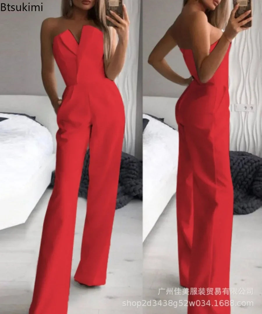 Women's Elegant Jumpsuits Solid Off Shoulder Sexy Club Jumpsuit Female Sleeveless High Waist Slim Wide Leg Jumpsuit Pants
