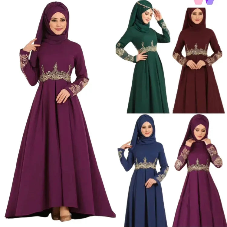 New In Women Dress NO Scarf Elegant Muslim Islam Abaya Embroidered Elastic Falbala High Waist Slim Party Robe Swing Robe Dresses