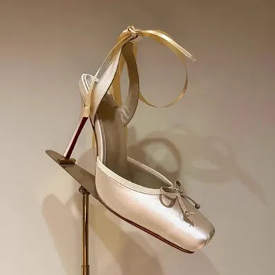 Women Lace-Up High Heeled Shoes for Woman's Square Toe Thin Heels Platform Pumps Mujer Pleated Slingback Wedding Luxury Sandals