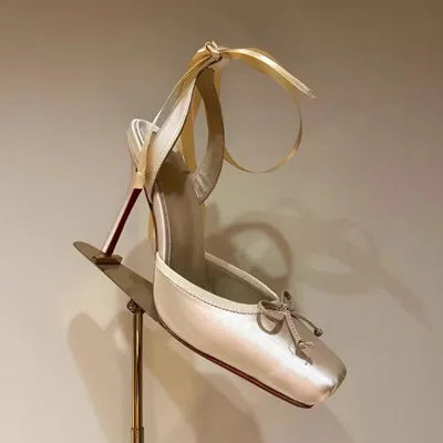 Women Lace-Up High Heeled Shoes for Woman's Square Toe Thin Heels Platform Pumps Mujer Pleated Slingback Wedding Luxury Sandals