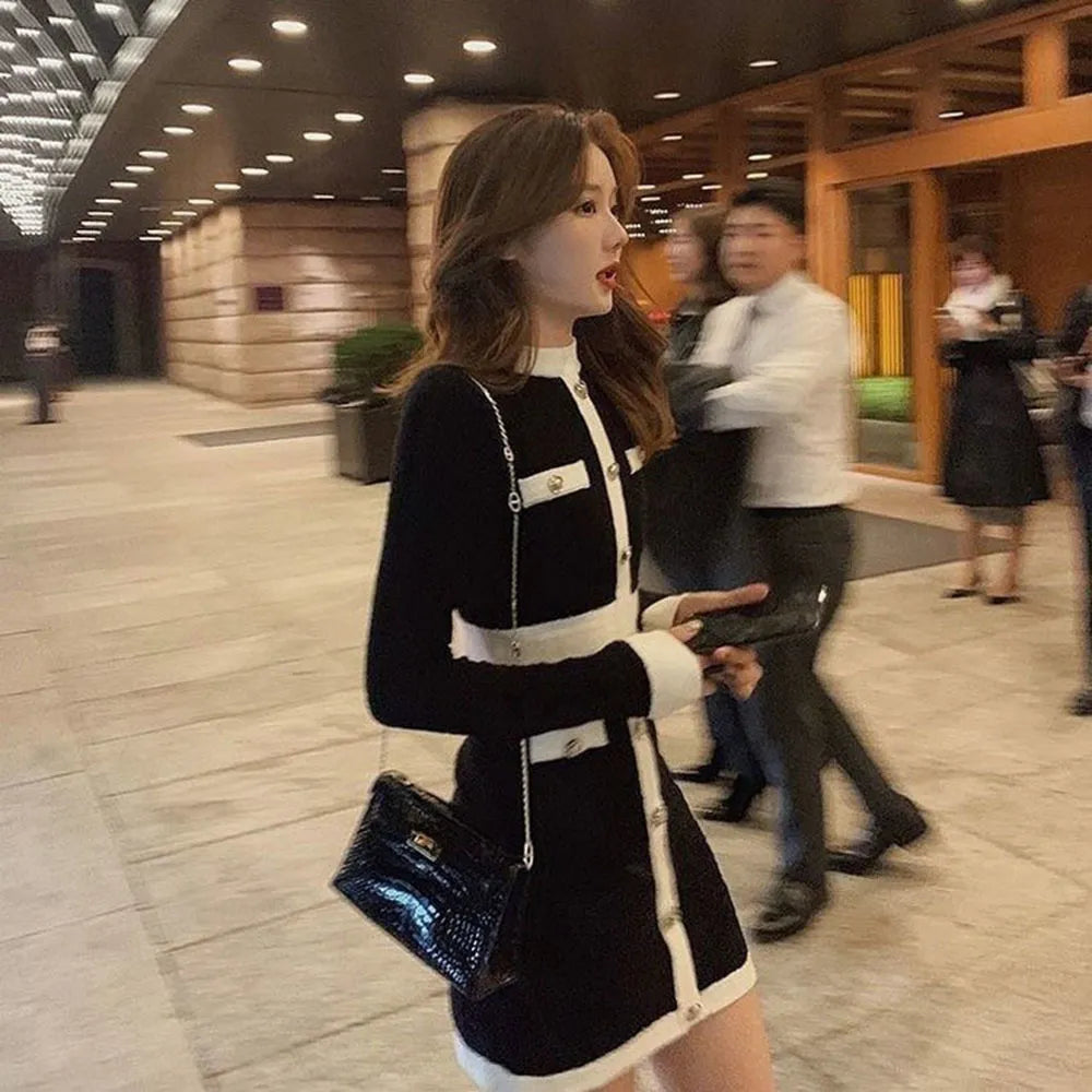 Fashion Korean Style Knitted Dress Winter White Black Women Knit Bodycon Dress Elegant Long Sleeve Dress Knitwear For Women