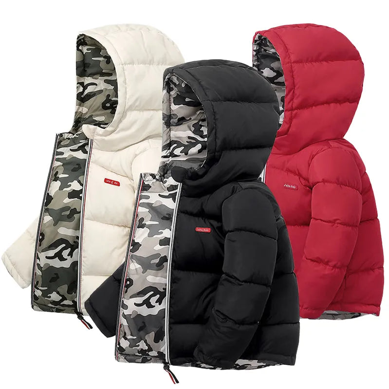 Manteau d'hiver épais et chaud pour garçons, vestes pouvant être portées des deux côtés, vêtements d'extérieur à capuche pour nourrissons et enfants 