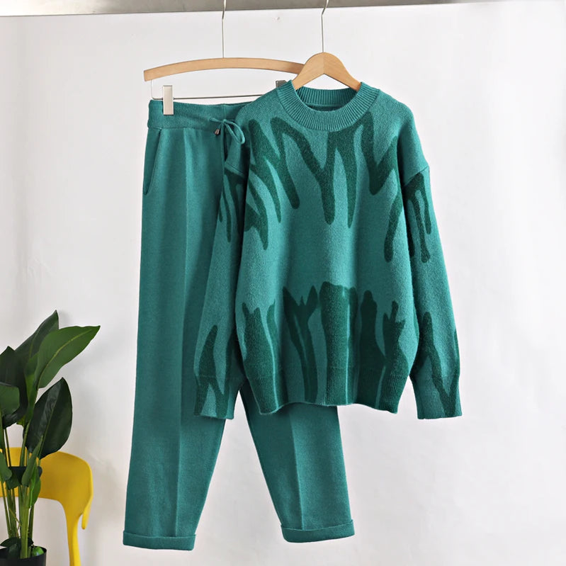 GIGOGOU Two Piece Women Autumn Winter Sweater TrackSuit OverSized Harem Pant Suits Lady Casual Warm Knitted Set dark green One Size