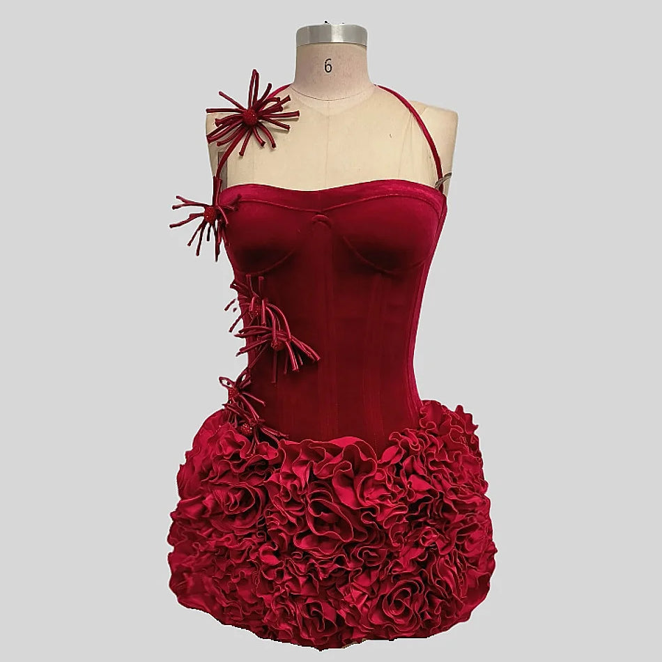 2025 New Sweet Women Set Sexy Strapless Laced-up Tops Florlas Bodycon Mini Velvet Skirt 2 Piece Celebrate Birthday Party Dress