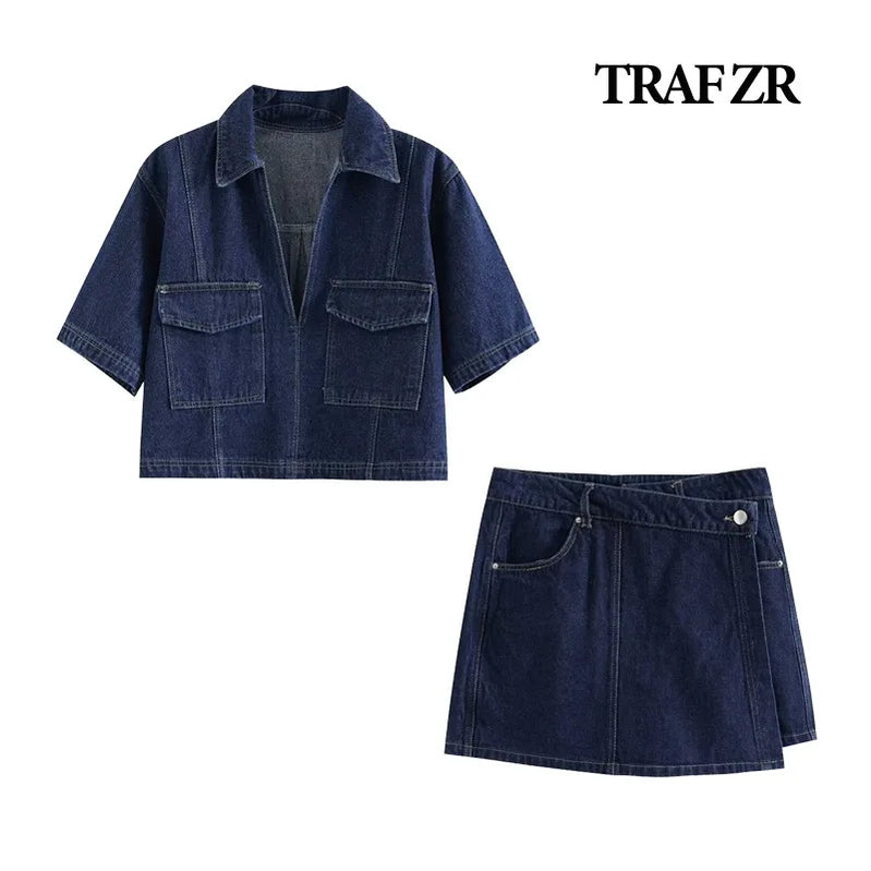 TRAF ZR Demin 2 Piece Short Sets Women Vacation Outfits Summer  Y2k Vintage Women's Spring Suits Loungwear Set Tracksuit