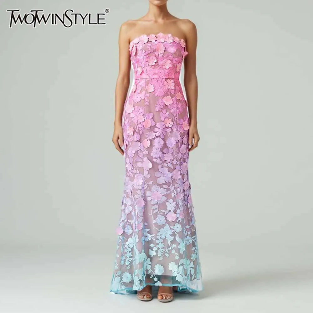 TWOTWINSTYLE Colorblock Spliced Appliques Elegant Dresses for Women Strapless Sleeveless Gradient Dress Female Fashion Clothing