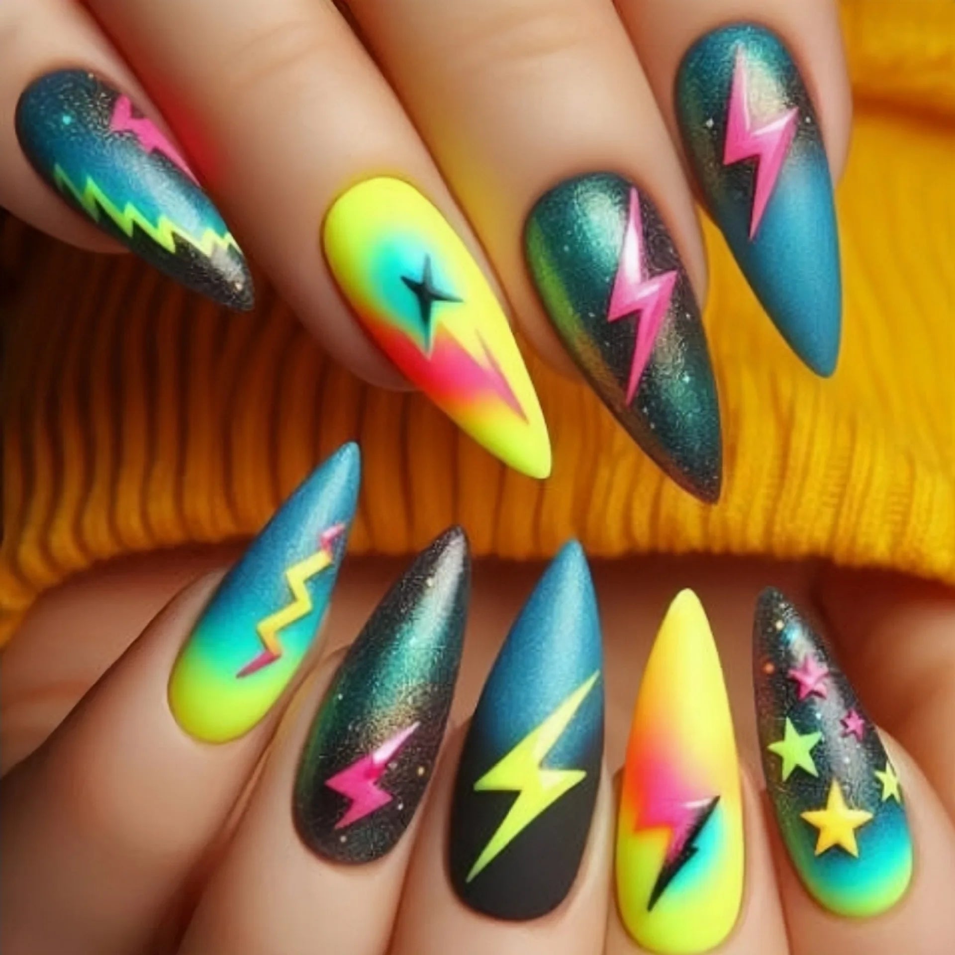 Medium fake nails for women gilrs gradient blue pink starry sky star moon Y2K design Almond nail tips press on false nail set