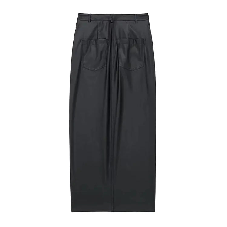 TRAF 2023 Autumn Women's Zipper Fly Lady Skirts Mujer Side Pockets Faux Leather Midi Skirt Clothing