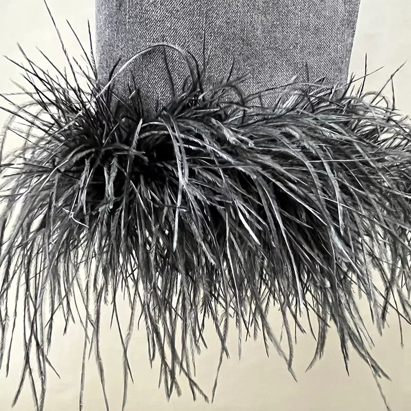 Women's Feather Cuffs Danim Blazer Suit Streetwear Two Piece Set Outfits Lady Suit New Spring Female Pants Set S5469