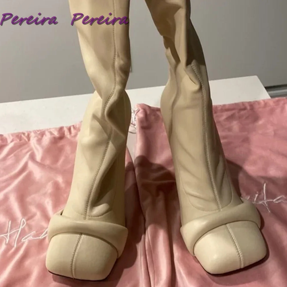 Solid Strange Style Knee-High Boots Square Toe High Heels Black Leather Women Winter Fashion Comfortable Botas 2025 New Shoes