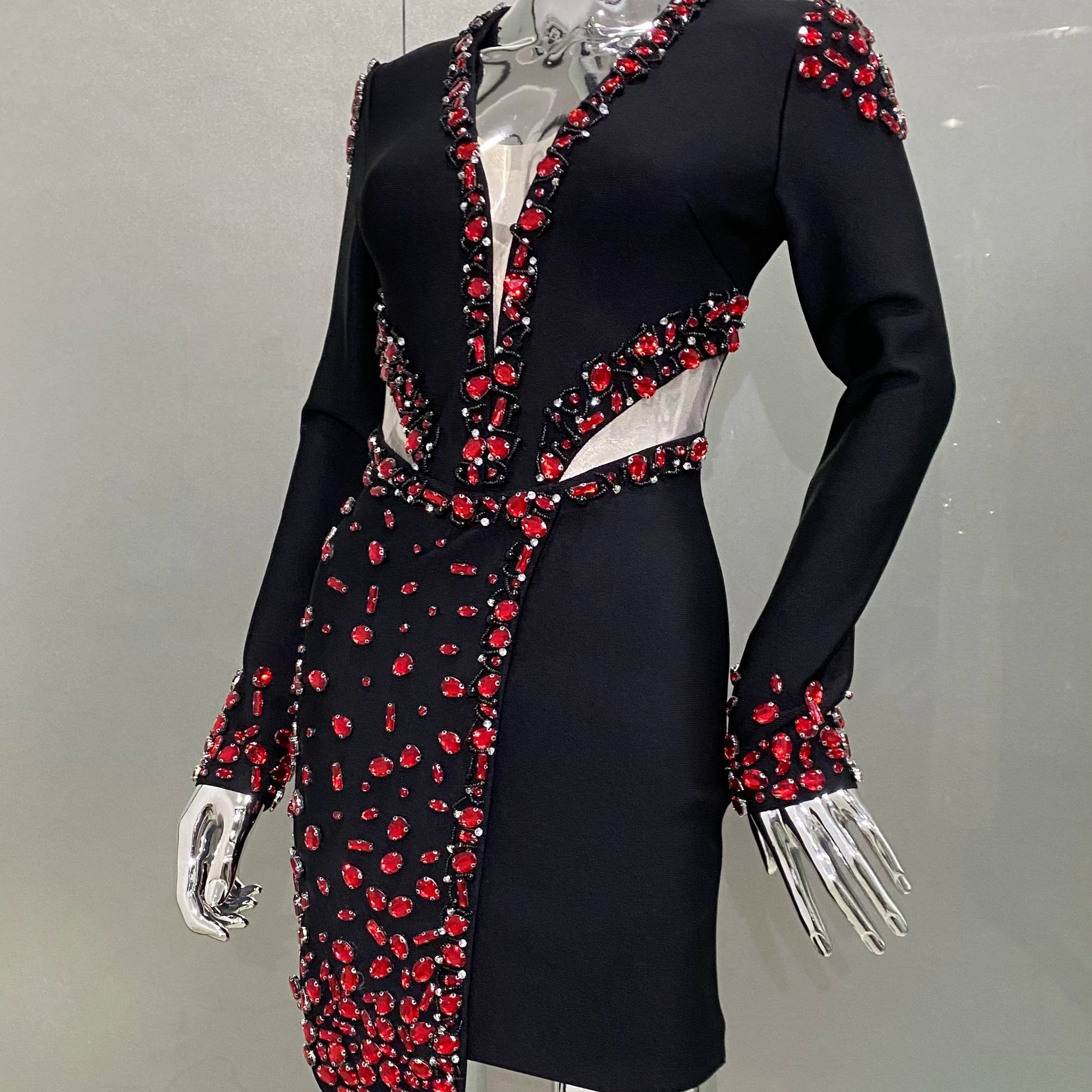 STOCK Red Diamonds Beading Sexy Hollow Out Black Mini Bandage Dress Luxury Woman Evening Party Dress Birthday Party Outfit