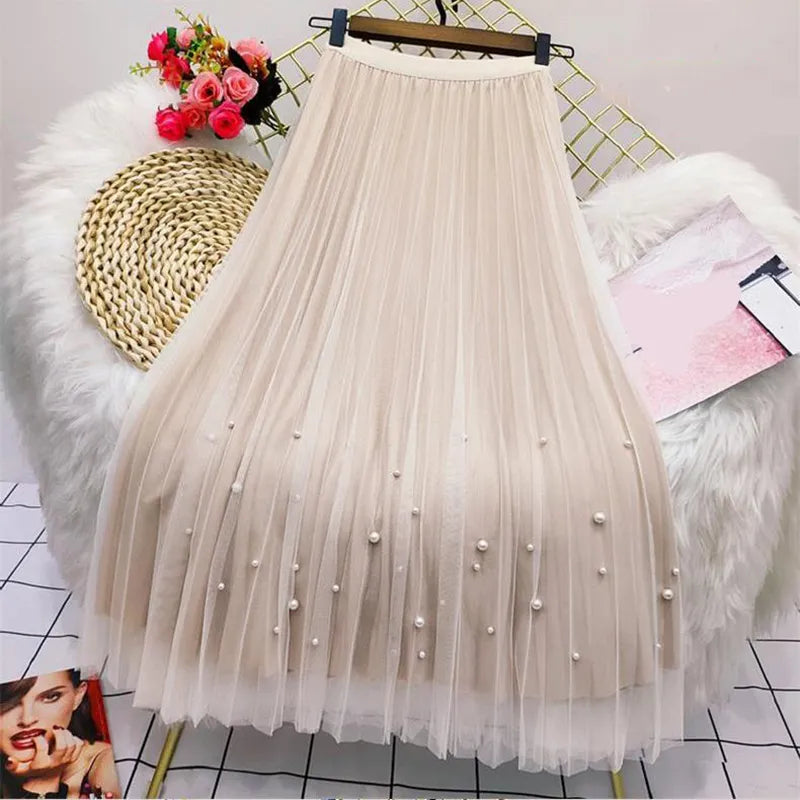 Both Sides Wear Pearls Mesh Skirt Women Summer Velvet High Waist Long Skirts Woman Solid Color A Line Pleated Skirts