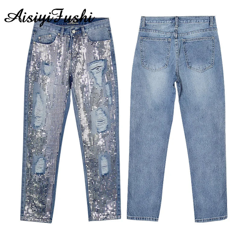 Sequin Ripped Jeans For Women Bottom Streetwear Hole Zipper Fringe Ripped Jeans Pants Women's Denim Trousers Loose Female