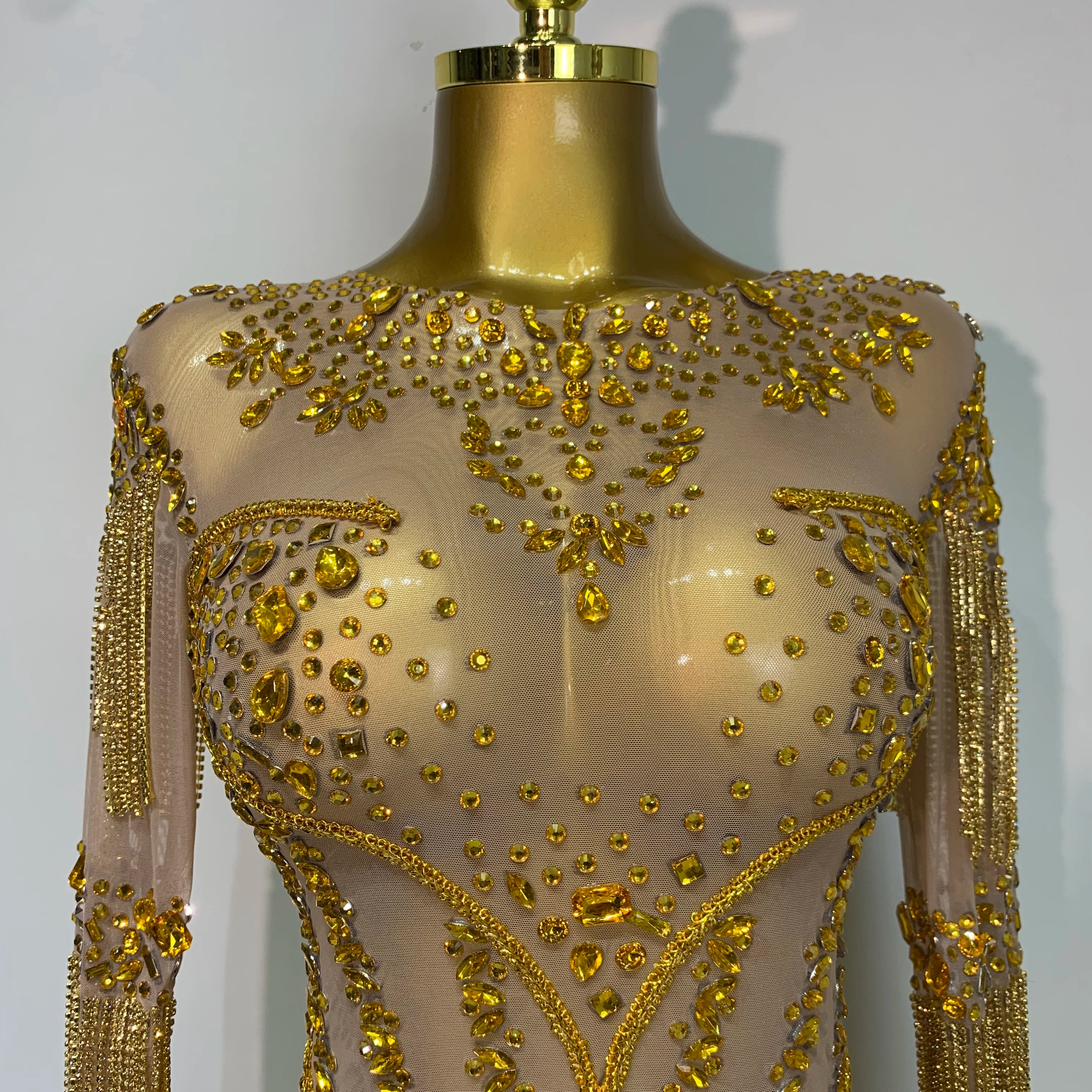 Luxury Birthday Evening Party Gown Sparkly Rhinestone Bodysuit Women Sexy Mesh See Through Performance Dance Stage Costume